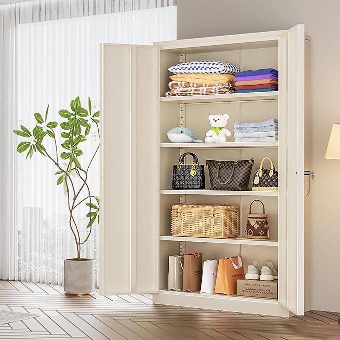 INTERGREAT Tall Metal Storage Cabinet Locking Steel with 4 Adjustable Shelves,72" Lockable Cabinets Lock 2 Doors for Office Garage Supply Home (Cream Gray)