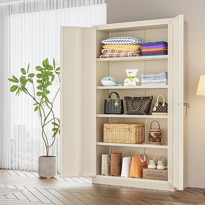 INTERGREAT Tall Metal Storage Cabinet Locking Steel with 4 Adjustable Shelves,72" Lockable Cabinets Lock 2 Doors for Office Garage Supply Home (Cream Gray)