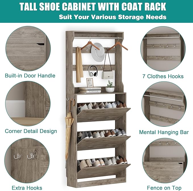 Shoe Cabinet for Entryway with 3 Flip Drawers, Grey Tall Wood Shoe Storage Cabinet with Coat Rack, Narrow Hidden Slim Freestanding Shoe Rack Organizer, 2 in 1 Hall Tree for Living Room, Hallway