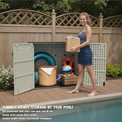 Patiowell 25 Cu.ft Outdoor Storage Cabinet with Lockable Door, Waterproof Horizontal Storage Shed for Tools and Patio Furniture, All-Weather Resin Shed Easy Assemble for Pool or Backyards, Brown