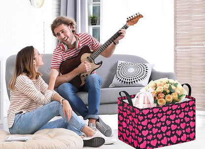 KUNRO Rectang Heart Pattern Valentine's Storage Basket Gift Shelf Basket Storage Bin, Nursery Basket Organizer Box for With Handles for Room Deco