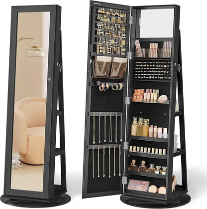 SONGMICS 360° Swivel Jewelry Cabinet, Lockable Jewelry Organizer with Full-Length Mirror, Rear Storage Shelves, Interior Mirror, Jewelry Armoire, Gift Idea, Black UJJC006B01