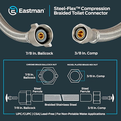 Eastman 20 Inch Flexible Toilet Connector, Stainless Steel Braided Hose with 7/8 Inch Ballcock Nuts, 3/8 Inch Compression, 48090