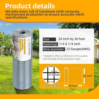24inch x 50ft Hardware Cloth 1/4 inch Chicken Wire Fencing 23Ga, Hot Dipped Galvanized After Welding Garden Plant Supports Welded Metal Chicken Wire Fence, Poultry Animal Netting Cage Screen