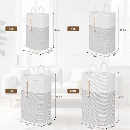 Woven Laundry Basket for Clothes, 50 L Large Rectangle Laundry Hampers with Beads Tassel, Nursery Storage Basket for Toys, Tall Dirty Clothes Hamper for Bedroom Aesthetic, Laundry Room Organization