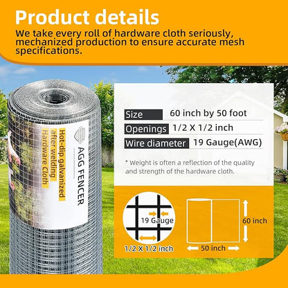 60inch x 50ft Hardware Cloth 1/2 inch Chicken Wire Fencing 19Ga, Hot Dipped Galvanized After Welding Garden Plant Supports Welded Metal Chicken Wire Fence Poultry Animal Netting Cage Screen