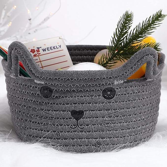 Zopeal Cat Basket Storage Woven Organizer with Ears Easter Decorative Gift Pet Toy Cute Cotton Rope Basket for Gift Cat Dog Toy Bin Nursery Room(8.3 x 4.7 Inch,Gray)