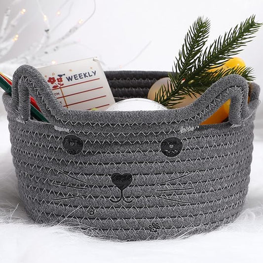 Zopeal Cat Basket Storage Woven Organizer with Ears Easter Decorative Gift Pet Toy Cute Cotton Rope Basket for Gift Cat Dog Toy Bin Nursery Room(8.3 x 4.7 Inch,Gray)