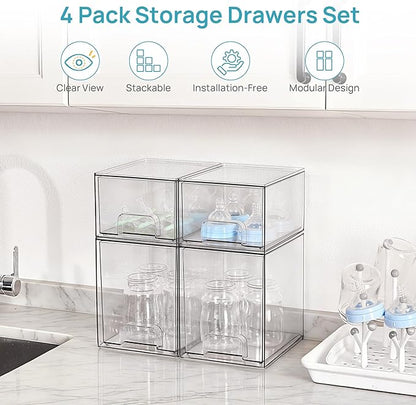 Vtopmart 4 Pack Clear Baby Bottle Organizer Set, Stackable Storage Drawers Ideal for Kichen Countertop, Vanity, Bathroom, Cabinet, Pantry Organization