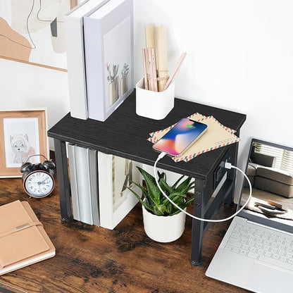 HOOBRO Printer Stand for Desk, Desktop Printer Stand with Charging Station, Small Printer Table with Storage Hook, Under Desk Printer Cart, File Rack for Home Office, Black BB01UPS01