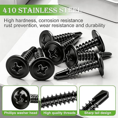 mxuteuk 420PCS #8×3/4" Self Tapping Screws,410 Stainless Steel Self Drilling Screws,Phillips Modified Truss Head Self Tapping Screw for Metal,Plastic,Wood(210pcs Black Screw+210pcs Washer)