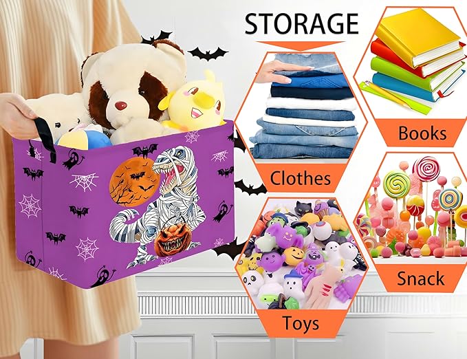 Large Halloween Themed Candy Gift Boo Basket for Kids Baby Personalized Adults Storage Bin Fall Decor(Purple Dinosaur)