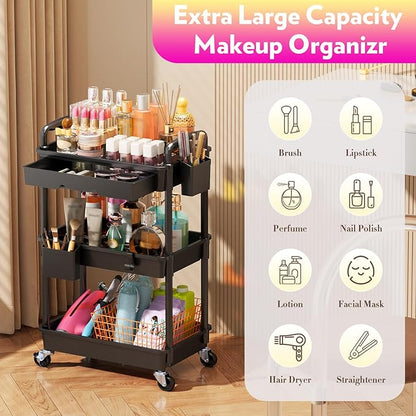 Makeup Cart Organizer with Drawers, Floor Skincare Organizers Vanity Storage Organizer, Rolling Makeup Bathroom Storage Cart Cosmetics Display Cases for Skin Care Perfume Nail Polish, Black