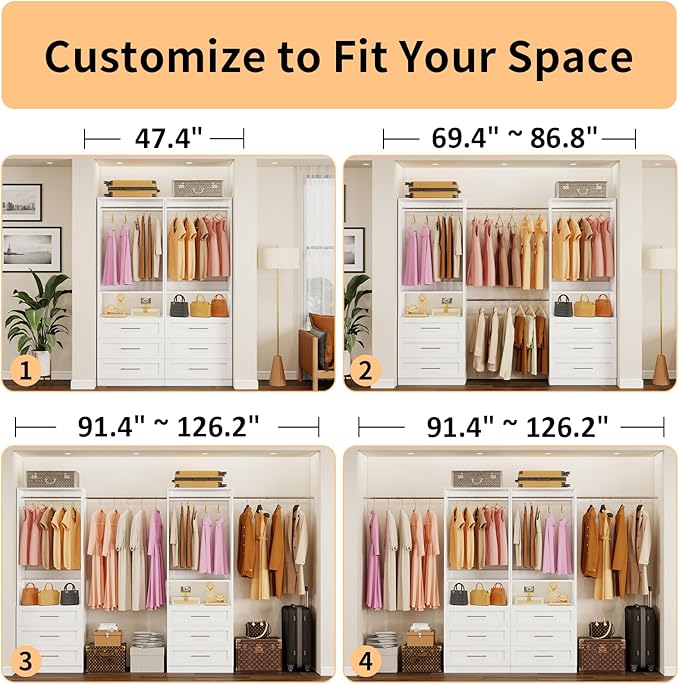Closet System with 2 Sets, 4FT-10FT Customizable Closet Organizer System with 6 Wooden Drawers & 2 Shelves, Walk-in Closet or Freestanding Tower Closet Storage System with 4 Hanging Rods, White