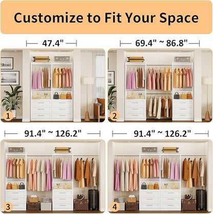 Closet System with 2 Sets, 4FT-10FT Customizable Closet Organizer System with 6 Wooden Drawers & 2 Shelves, Walk-in Closet or Freestanding Tower Closet Storage System with 4 Hanging Rods, White