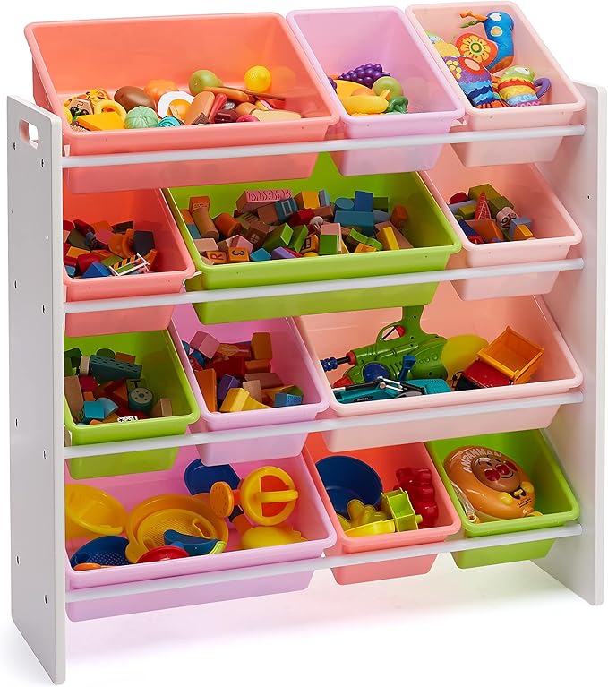Amazon Basics Kids Toy Storage Organizer with 12 Plastic Bins, White Wood with Pink Bins, for Bedroom and Playroom, 10.9" D x 33.6" W x 31.1" H