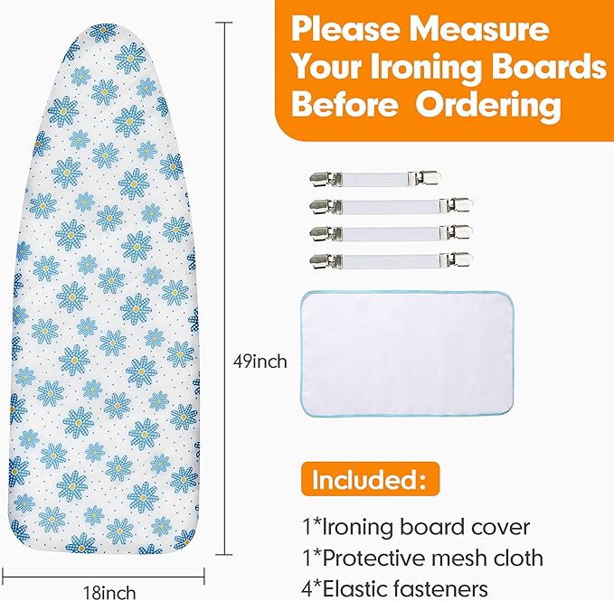 Ironing Board Cover and Pad, 21x54 Extra Large Thick Iron Padding, Scorch & Stain Resistant Ironing Board Cover, Heavy Duty Iron Board Padded with Adjustable Fasteners Durable Elastic Edge, Daisy