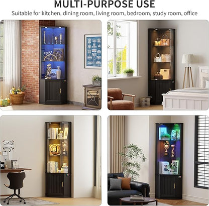 HNEBC 69" Tall Curio Display Cabinet with Glass Door and Movable Shelves,Corner Bookcase with LED Human Sensor Lights,5-Tier RGB Display Case for Collectibles,Bedroom Living Room