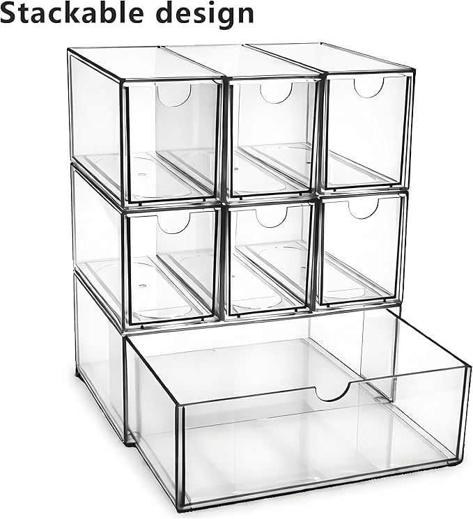 Coffee Pod and Tea Bag Organizer Drawer – Crystal-Clear Acrylic Tea Bag Drawer, Easy to Clean & Stackable for K-Cups, Tea, Sugar Packets in Office, Gym & Kitchen Cupboard (7-Pack)