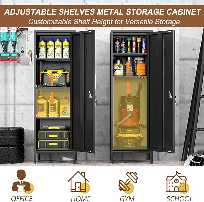 47.24" Metal Storage Locker with Lockable, Employees Metal Steel Locker with 1 Door ＆ 3 Adjustable Shelves, Small Locker Storage Cabinets for Home, School, Office, Gym (Black)