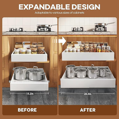 4 Pack Expandable Width (15.15"-26.3") Pull Out Cabinet Organizer 21" Deep with Raising Pad for Framed Cabinets, Upgrade 3 Slide Rails Slide Out Drawers, Roll Out Shelves Adhesive, White