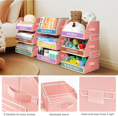 Closet Organizers and Storage - 5 Tier Shelf Organizer with Weekly Labels, Stackable Storage Bins with Metal Frame, Foldable Cube Bins, Home Baskets for Kids and Adults, Pink