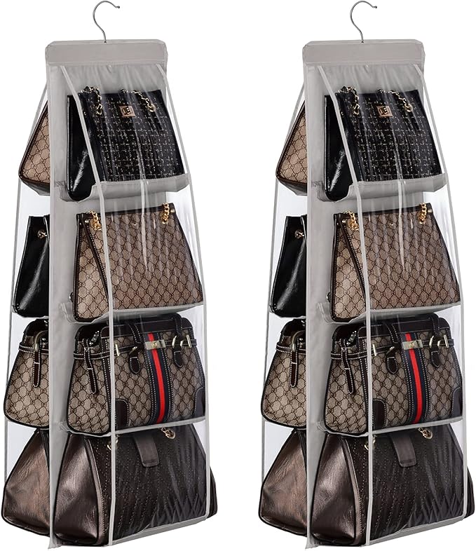 Lirex 2-Pack Handbag Hanging Purse Organizer for Closet, 8 Pocket Handbag Storage Organizer Hanger Oxford Cloth Closet Organizer for Family Closet Bedroom, Foldable and Universal Fit, Grey