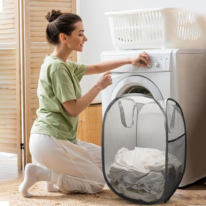 The upgraded pop-up laundry basket features a breathable side pocket mesh design, making it ideal for rooms, apartments, dormitories, travel, business trips, and children's storage(2, Gray)