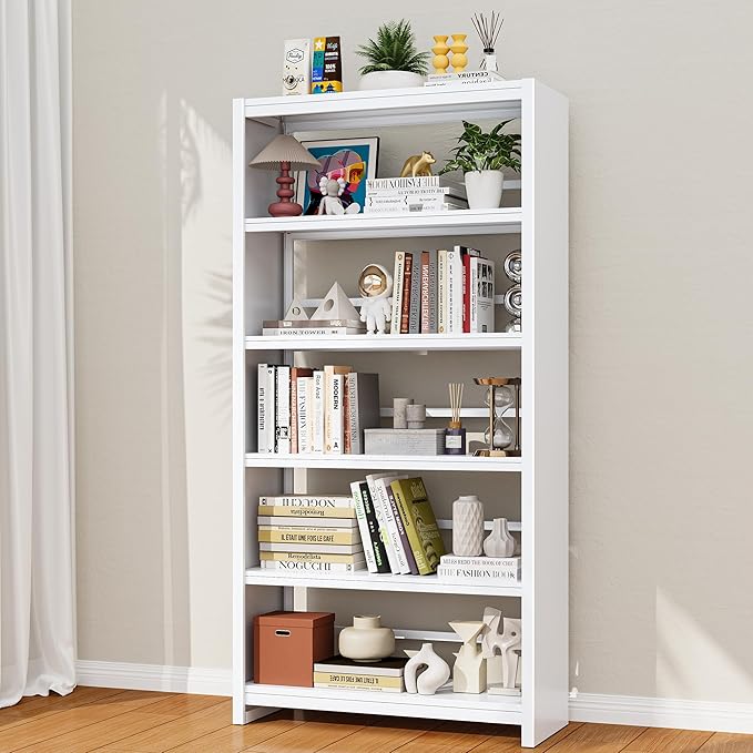 Bookshelf, Tall Bookcase for Books, CDs, Movies, Garage Kit, 5 Tier Book Shelf, Modern Display Shelf for Library Home Office Bderoom Living Room, Metal Bookshelves Industrial White