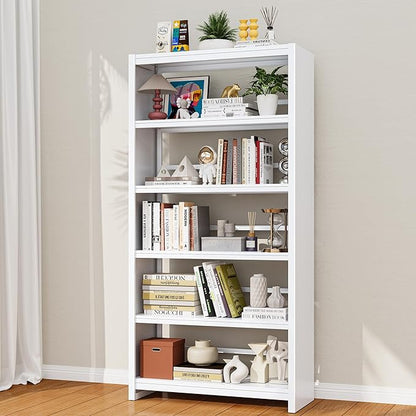 Bookshelf, Tall Bookcase for Books, CDs, Movies, Garage Kit, 5 Tier Book Shelf, Modern Display Shelf for Library Home Office Bderoom Living Room, Metal Bookshelves Industrial White