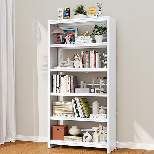 Bookshelf, Tall Bookcase for Books, CDs, Movies, Garage Kit, 5 Tier Book Shelf, Modern Display Shelf for Library Home Office Bderoom Living Room, Metal Bookshelves Industrial White