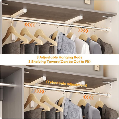 Cyclysio 96 Inch Closet System, 8 FT Hanging Closet Organizer System, Walk in Closet System with 4 Adjustable Rods and 3 Shelving Towers for 4-8FT Spaces(Cut-to-Fit), Gray