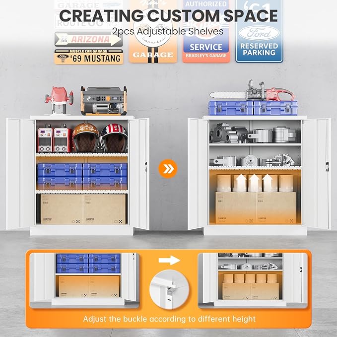 Metal Garage Storage Cabinets with Lock, 36" Tall Tool Cabinet with 2 Door and 2 Adjustable Shelves, Locking Garage Cabinets and Lockable Steel Locker for Home Office Warehouse - (White-36”H)
