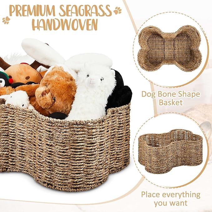 Maxcheck 2 Pcs Dog Toy Basket Bone Shaped Dog Toy Box Bin Handmade Wicker Bone Shaped Basket for Pet Storage Organizer, 2 Sizes 16. 1 x 12. 2 x 7. 1 Inch, 14. 2 x 10. 2 x 6. 3 Inch