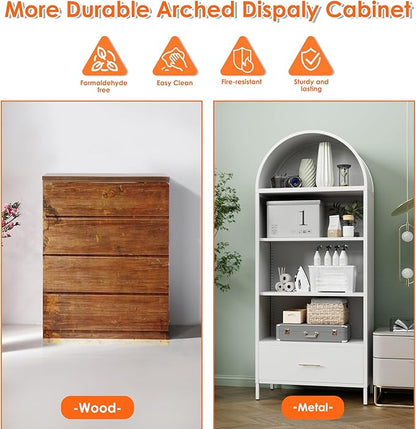 Metal White Arched Bookcase with 2 Adjustable Shelf, Arched Bookshelf with Drawer for Home Office Living Room,Required Assembly