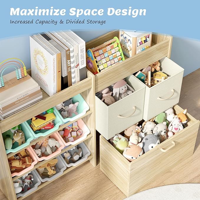 Toy Storage Organizer for Kids, 9-Bin Toy Organizer with 2-Drawers,Movable Toy Chest and Top Rack, Kids Bookshelf and Toy Storage for Playroom, Bedroom, Nursery, Multi-Color