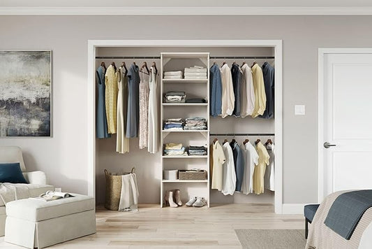 ClosetMaid SuiteSymphony Wood Closet Organizer Kit with Tower, (3) Hang Rods, (5) Shelves (2-Adjustable), Fits Spaces 5-10 ft. Wide, White Timber