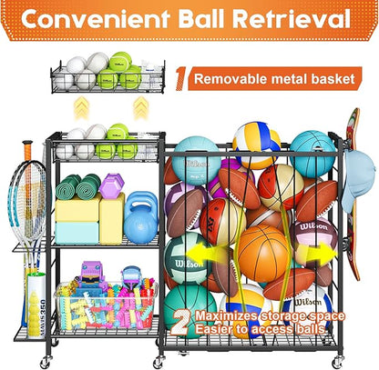 Ball Storage with Elastic Rope for Sports and Outdoors, Garage Organization with Wheels for Sports Gear and Toys, Large-Capacity Sports Equipment Organizer with Baseball Bat Holder and Basketball Rack