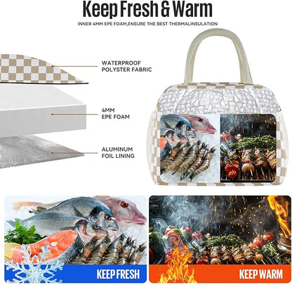 Lunch Bag Women/Men Lunch Box Women/Men (Khaki+White Checkerboard)