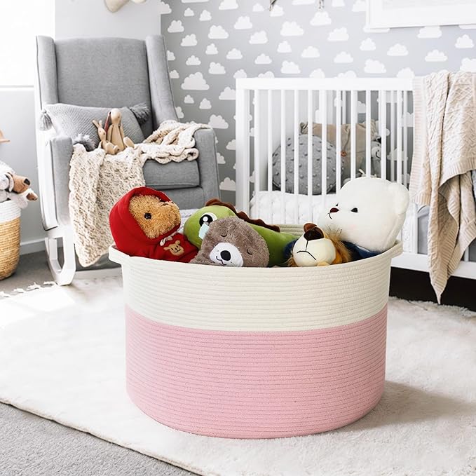 Pink Storage Baskets for Organizing, 22"X22"X14" XXXL Blanket Basket Living Room, Large Toy Basket, Soft Pink Cotton Rope Woven Baskets for Storage, Decorative Gifts Basket Bins for Nursery