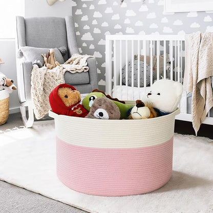 Pink Storage Baskets for Organizing, 22"X22"X14" XXXL Blanket Basket Living Room, Large Toy Basket, Soft Pink Cotton Rope Woven Baskets for Storage, Decorative Gifts Basket Bins for Nursery