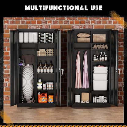 Greenvelly Metal Storage Cabinet with 2 Doors, Black 72” Steel Storage Wardrobe Cabinet, Employees Locker Closet Clothing Coat Steel Wardrobe Cabinet with Hanging Rod for Garage, Gym, Home Office