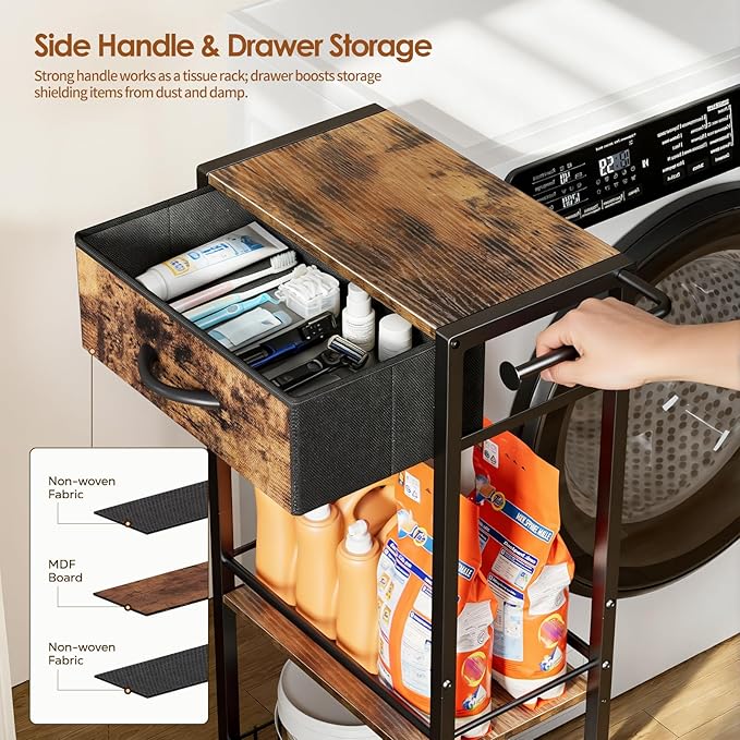 Lewondr Rolling Storage Cart with Drawers, 3-Tier Laundry Room Shelves, Sturdy Bathroom Organizer Shelf with Wood Top, Rolling Drawer Cart with Handle and Wheels for Kitchen, Office, Classroom, Black