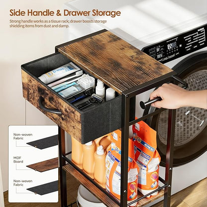Lewondr Rolling Storage Cart with Drawers, 3-Tier Laundry Room Shelves, Sturdy Bathroom Organizer Shelf with Wood Top, Rolling Drawer Cart with Handle and Wheels for Kitchen, Office, Classroom, Black