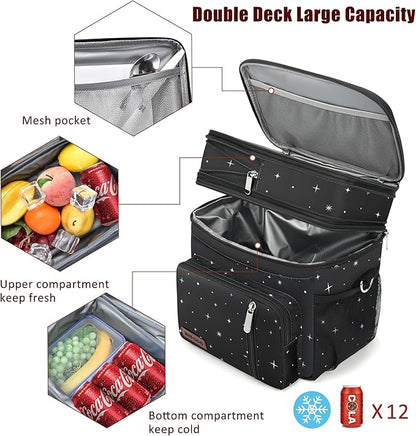 MIYCOO Lunch Bag & Lunch Box for Women Men, Double Deck Leakproof Insulated Soft Large Adult Camping Cooler bag for Work, Beach, Picnic, Travel (Black Starry Sky, 15L)
