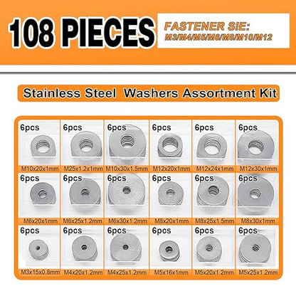 108-Piece, 18 Size, Stainless Steel Flat Washers Assortment Kit, Metal Screw Washers Set for Bolts, Industrial, Covering M3, M4, M5, M6, M8, M10, M12