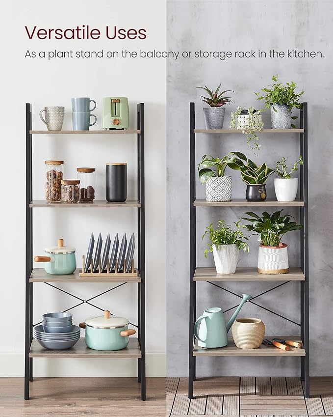 VASAGLE Ladder Shelf, 4-Tier Bookshelf, Storage Rack, Bookcase with Steel Frame, for Living Room, Home Office, Kitchen, Bedroom, Industrial Style, Heather Greige and Ink Black ULLS44MB