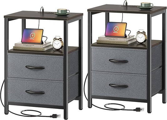 Huuger Nightstands Set of 2, End Tables with Charging Station, Fabric Drawers, Bedside Tables with USB Ports and Outlets, Night Stands for Bedroom, Walnut