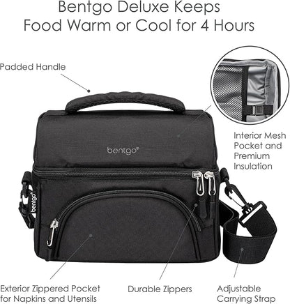 Bentgo® Deluxe Lunch Bag - Durable and Insulated Lunch Tote with Zippered Outer Pocket, Internal Mesh Pocket, Padded & Adjustable Straps, & 2-Way Zippers - Fits Most Lunch Boxes (Carbon Black)
