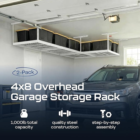 2-Pack 4 x 8 MonsterRax Overhead Garage Storage Rack, Ceiling Racks for Garage, Organization Shelving, Adjustable Hanging Shelf, White, 24"-45" Height Adjustment,